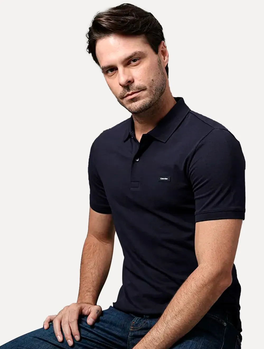 Polo Calvin Klein Masculina Piquet Slim Stretch Button Azul Marinho