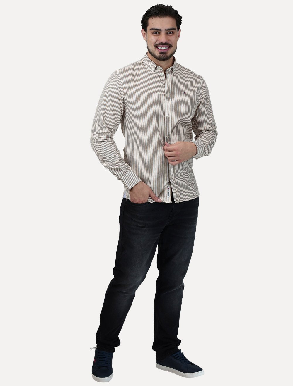 Camisa Tommy Jeans Masculina Slim Striped Oxford Cáqui