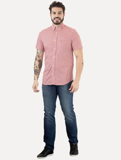 Camisa Tommy Hilfiger Masculina Manga Curta Xadrez Gingham Branca/Vermelha
