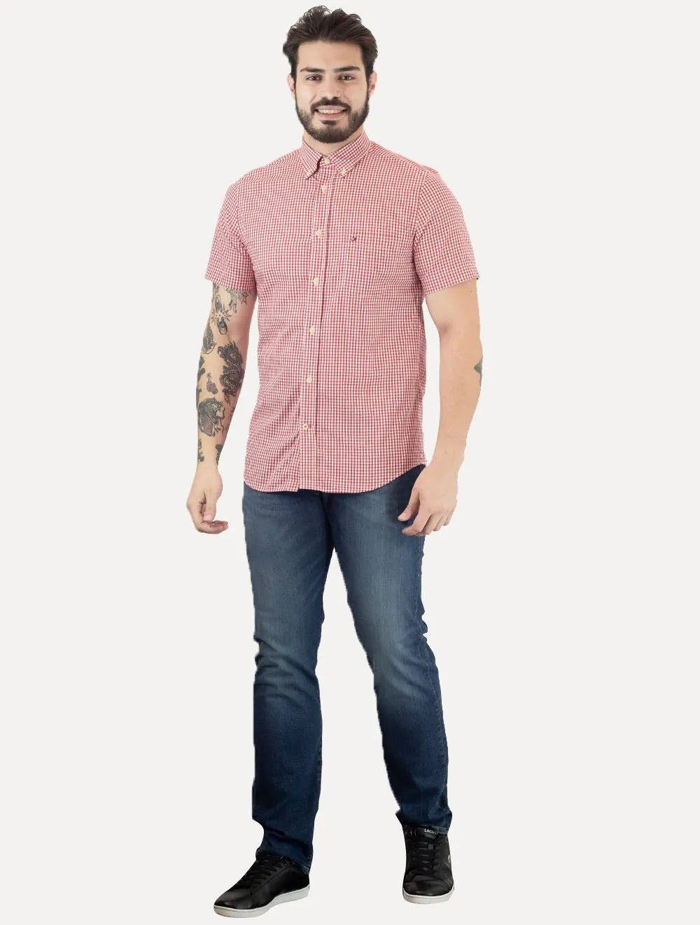 Camisa Tommy Hilfiger Masculina Manga Curta Xadrez Gingham Branca/Vermelha