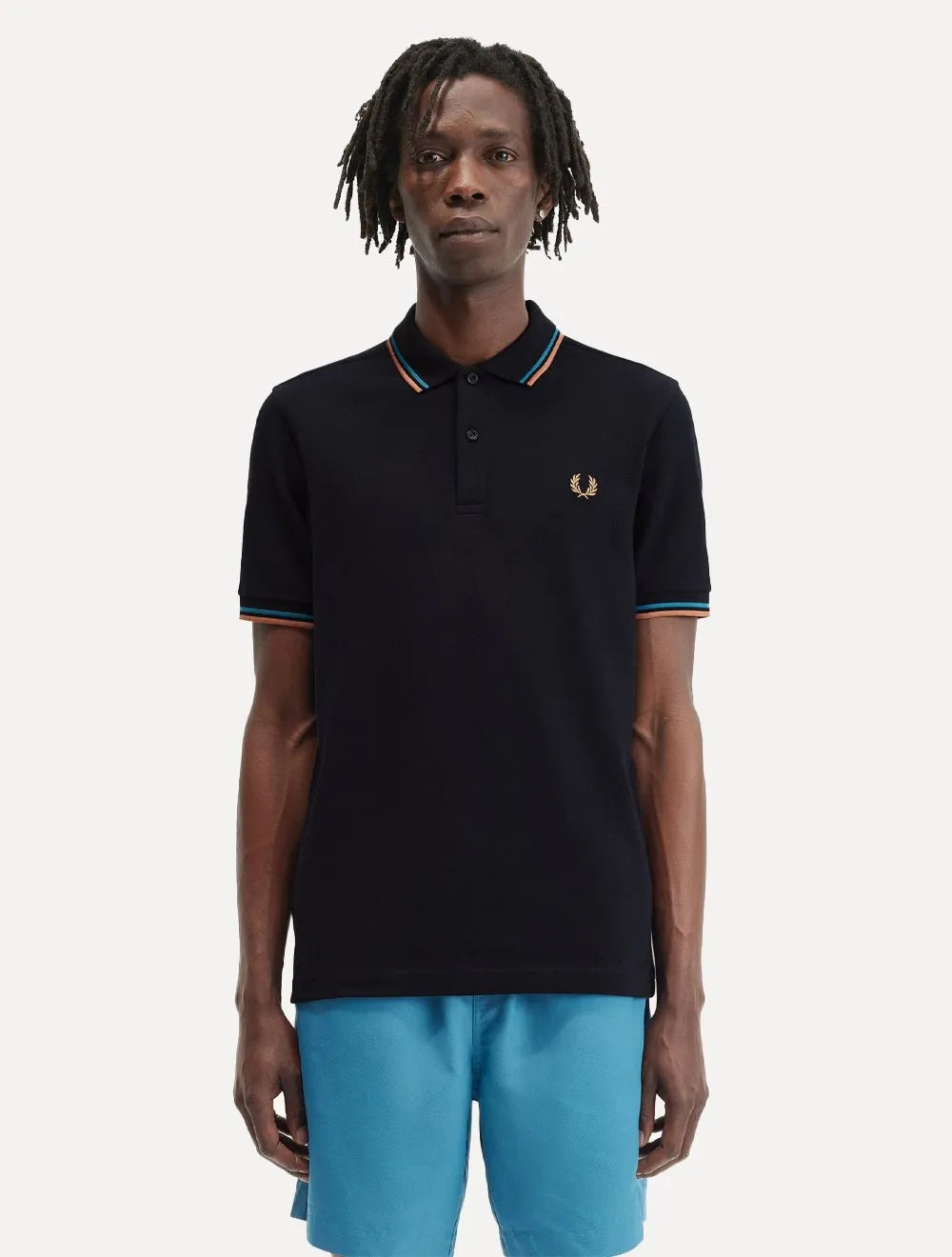 Polo Fred Perry Masculina Piquet Regular Blue Brow Twin Tipped Azul Marinho