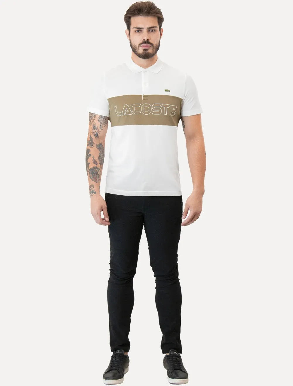 Polo Lacoste Masculina Regular Piquet Stretch Khaki Colorblock Branca