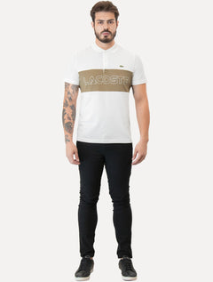 Polo Lacoste Masculina Regular Piquet Stretch Khaki Colorblock Branca
