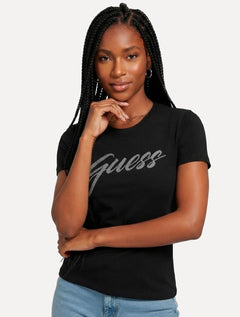 Camiseta Guess Feminina Signature Bright Logo Preta