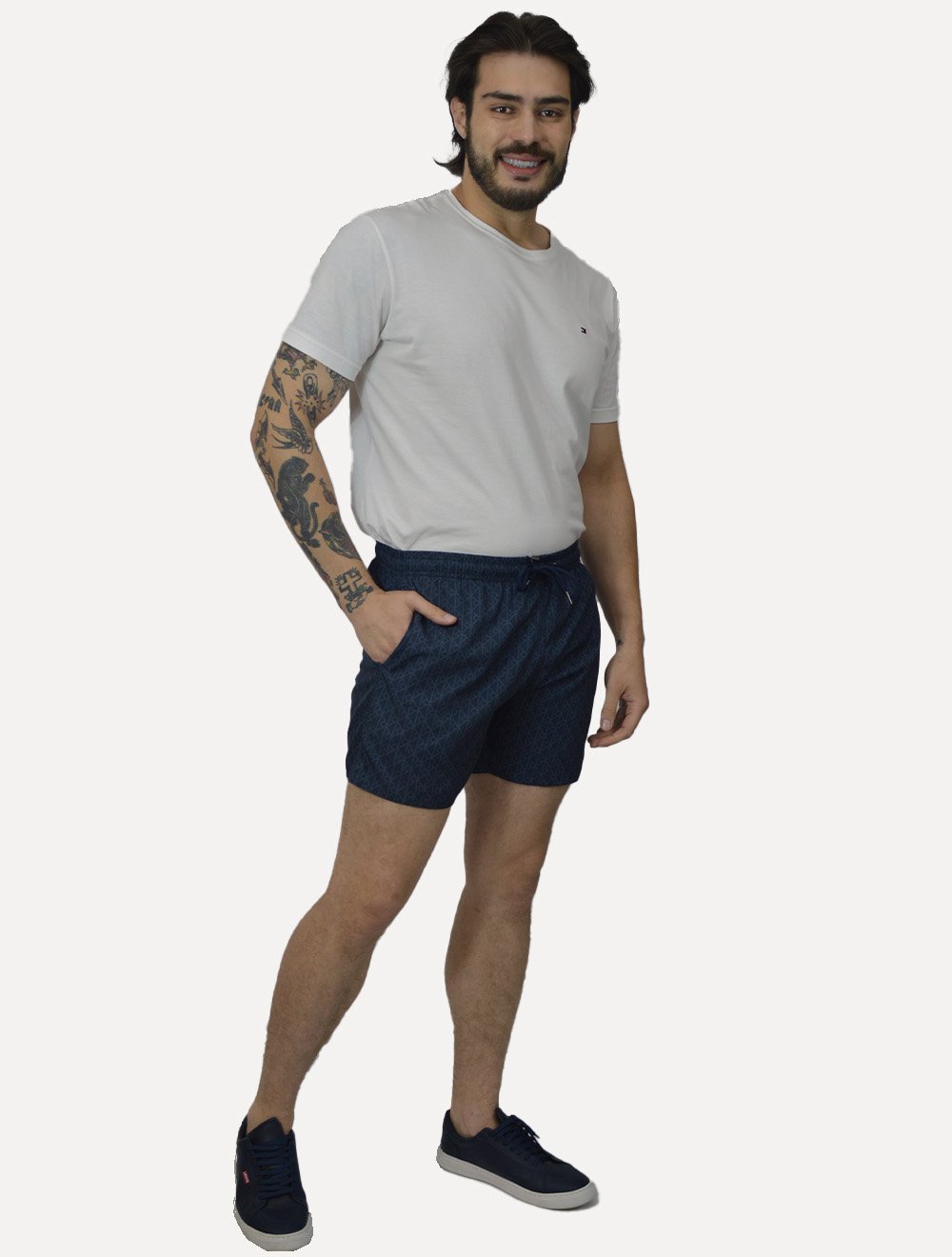 Short Calvin Klein Swimwear Logo AOP Azul Marinho