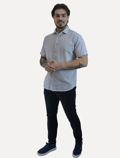 Camisa Dudalina Masculina Manga Curta Slim Fit Slub Cotton Flame Cinza Claro