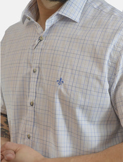 Camisa Dudalina Masculina Manga Curta Slim Flamê Blue Xadrez Branca
