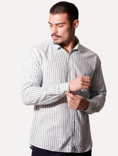 Camisa Dudalina Masculina Slim Fit Listrada Branca/Verde Médio