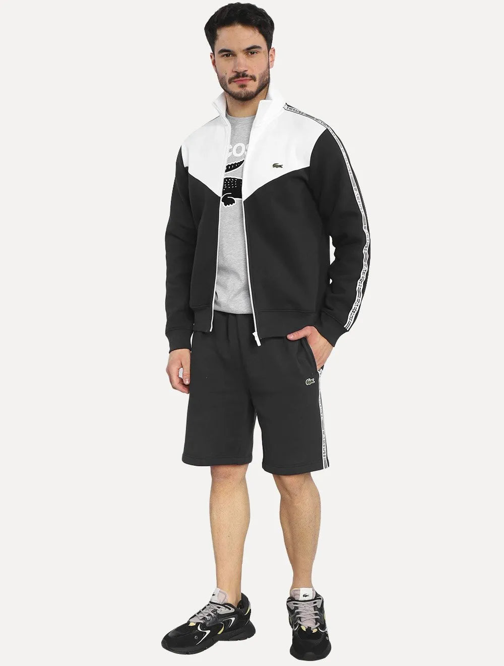 Moletom Lacoste Masculino Recorte Full-Zip Sash Striped Preto/Branco