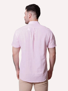 Camisa Ralph Lauren Masculina Manga Curta Linho Blue Icon Rosa Claro Mescla