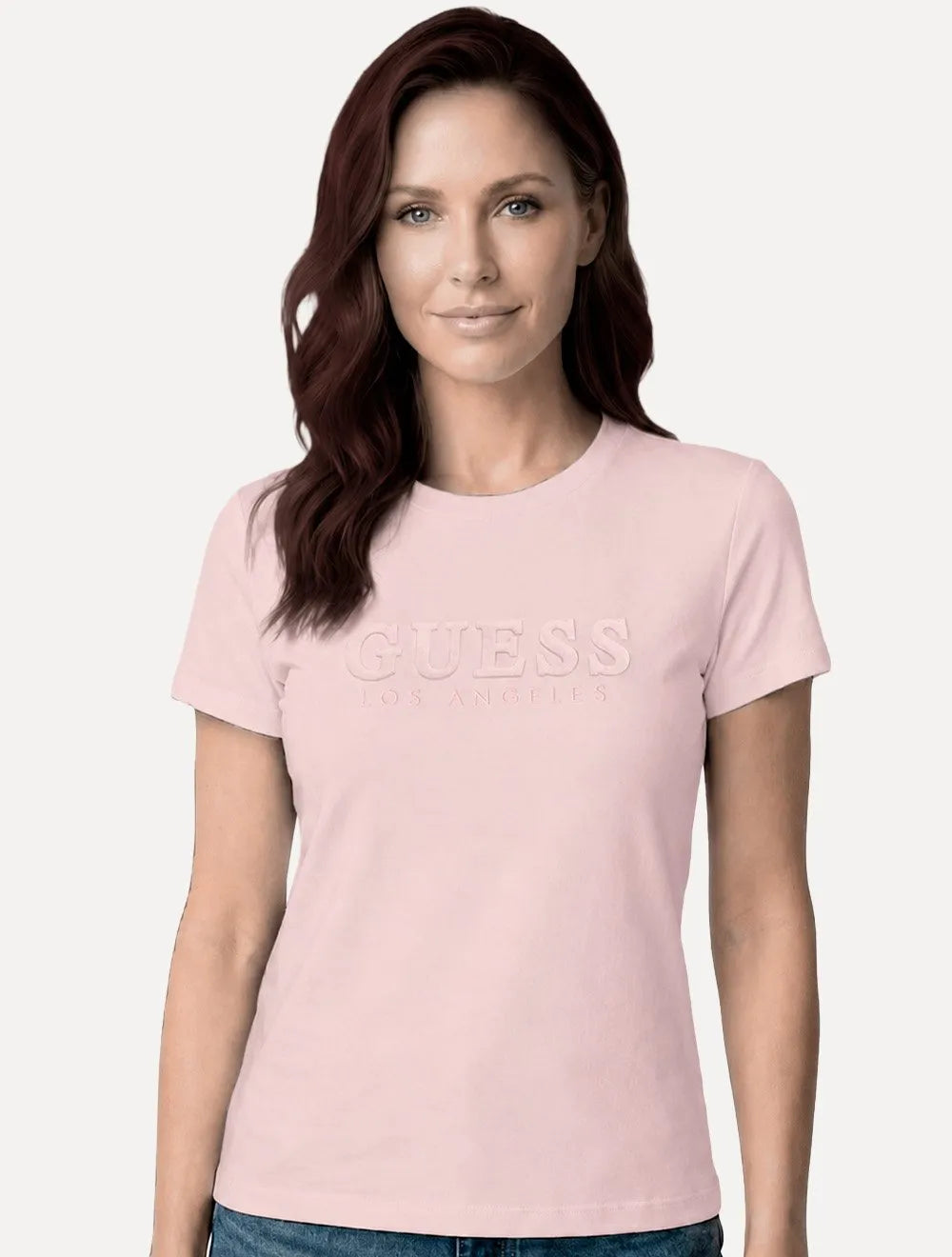 Camiseta Guess Feminina Bold Cursive Embossed Logo Rosa Claro