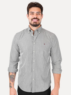 Camisa Tommy Hilfiger Masculina Regular THFlex Poplin Classic Stripe Preta