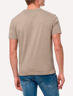 Camiseta Calvin Klein Masculina V-Neck Logo Flamê Cáqui Claro