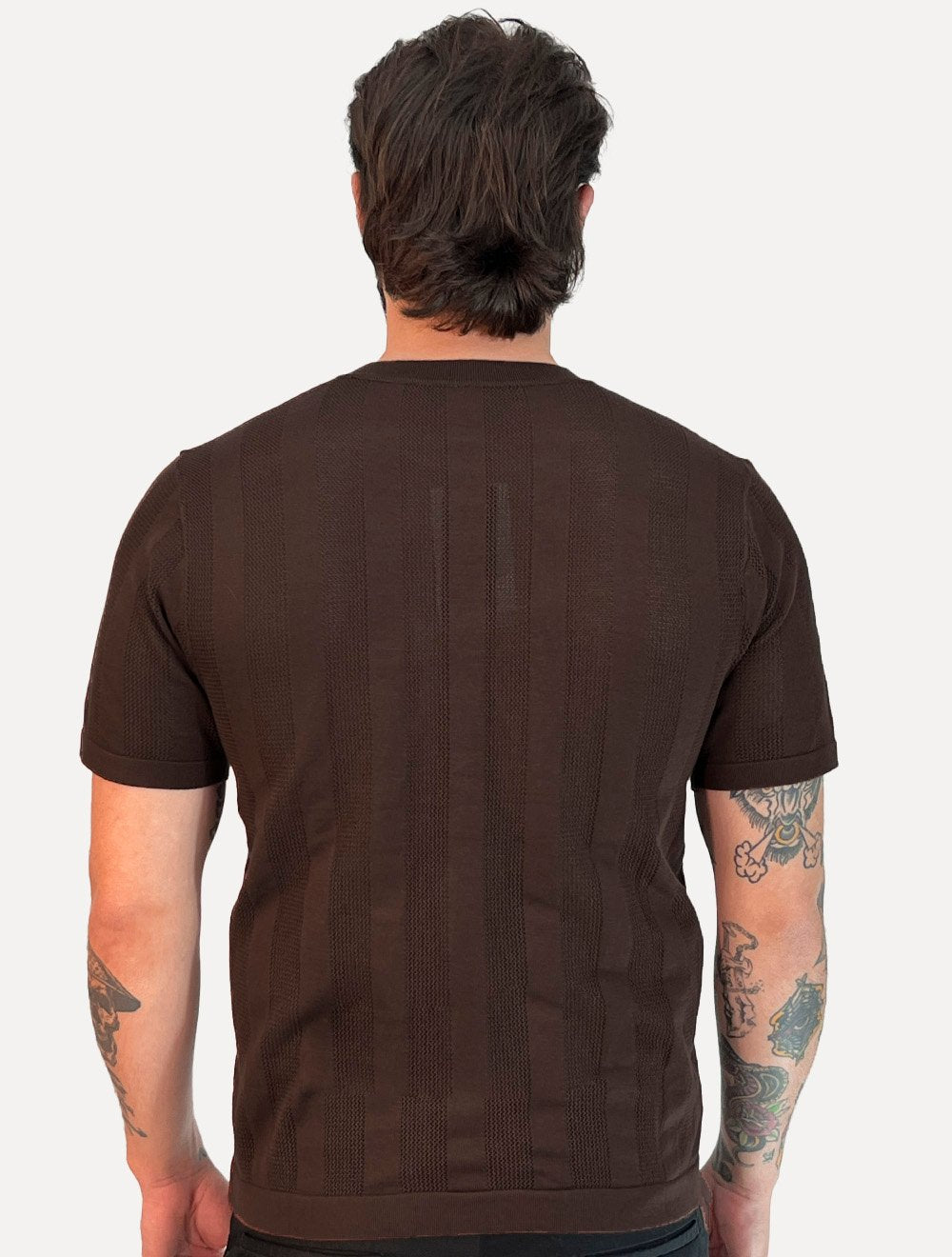 Camiseta Dixen Masculina Tricot Vertical Manga Curta Gola Careca Marrom