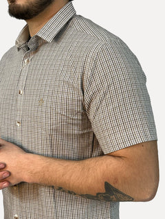 Camisa Dudalina Masculina Manga Curta Slim Tricoline Xadrez Cáqui Escuro