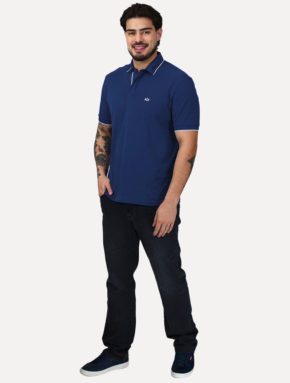 Polo Armani Exchange Masculina Regular Fit Dark Logo Icon AX Azul Royal