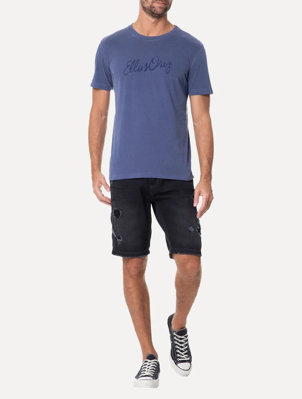 Camiseta Ellus Masculina Cotton Washed Origin. Script Azul Escuro