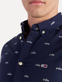 Camisa Tommy Jeans Regular College Pop Dobby Azul Marinho