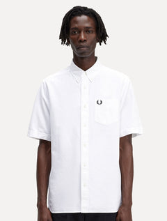 Camisa Fred Perry Masculina Manga Curta Oxford Pocket Black Logo Branca