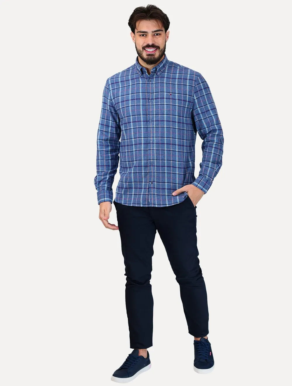 Camisa Tommy Jeans Masculina Regular Xadrez Flannel Check Azul Médio