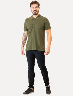 Polo Guess Masculina Piquet Friso Bordado Cursivo Verde Oliva
