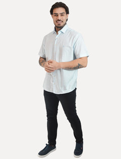 Camisa Dudalina Masculina Manga Curta Comfort Superfine Cotton Mono Logo Lisa Azul Claro