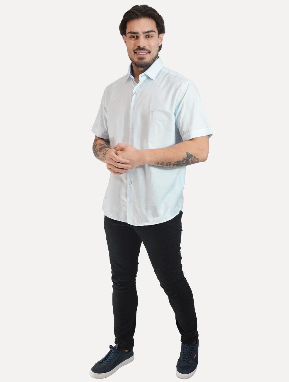 Camisa Dudalina Masculina Manga Curta Comfort Superfine Cotton Mono Logo Lisa Azul Claro