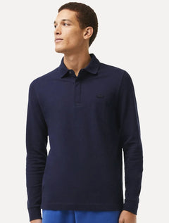 Polo Lacoste Masculina Piquet Manga Longa Paris Stretch Azul Marinho