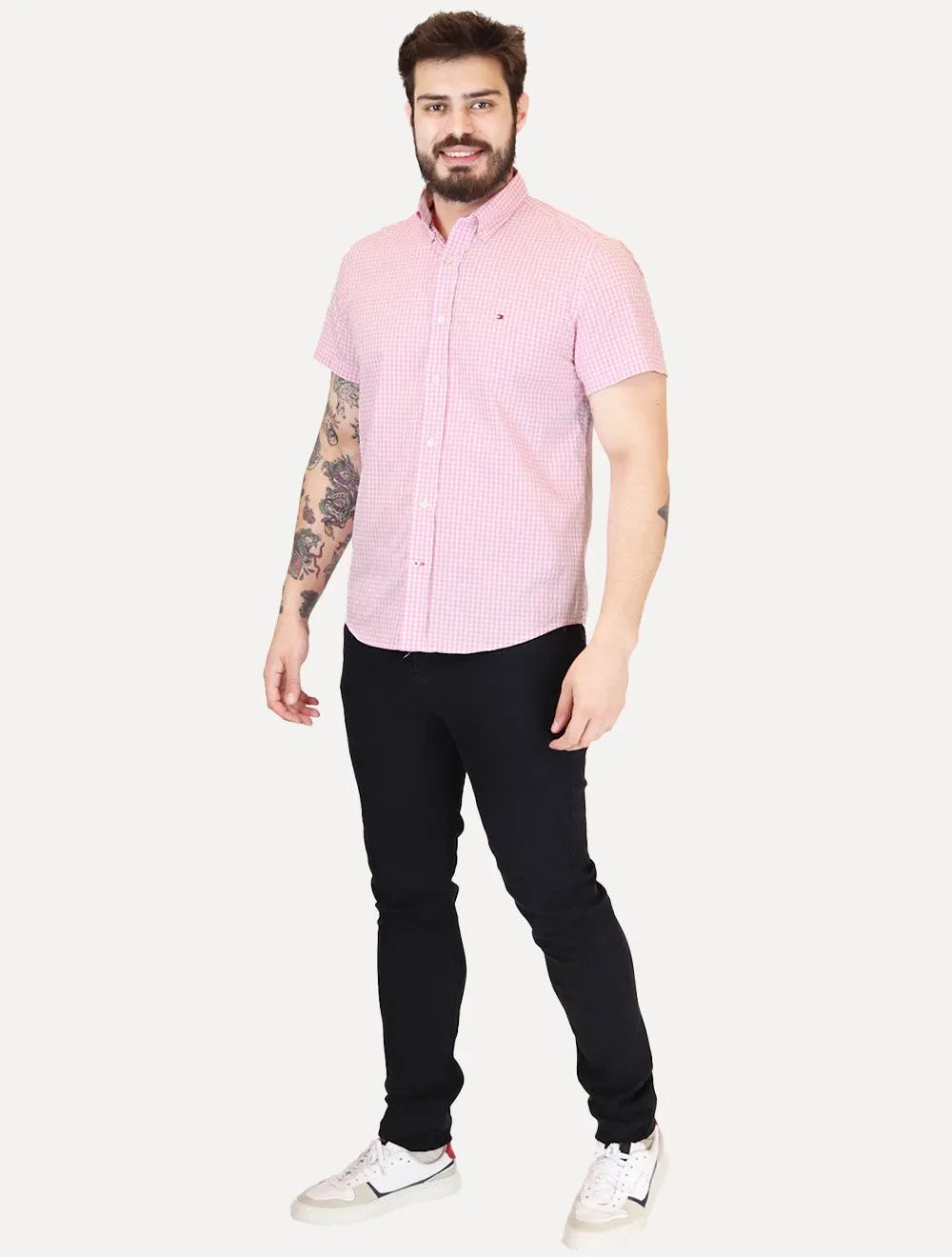 Camisa Tommy Hilfiger Masculina Manga Curta Xadrez Gingham Branca/Rosa