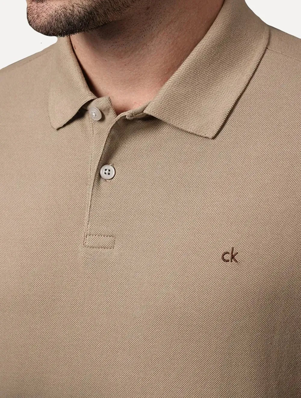 Polo Calvin Klein Masculina Piquet Slim Fit Sem Friso Cáqui Médio