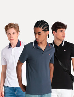 Kit Polos Tommy Jeans | Regular Flag Neck e Tipped Stretch Preta/Branca/Azul Marinho