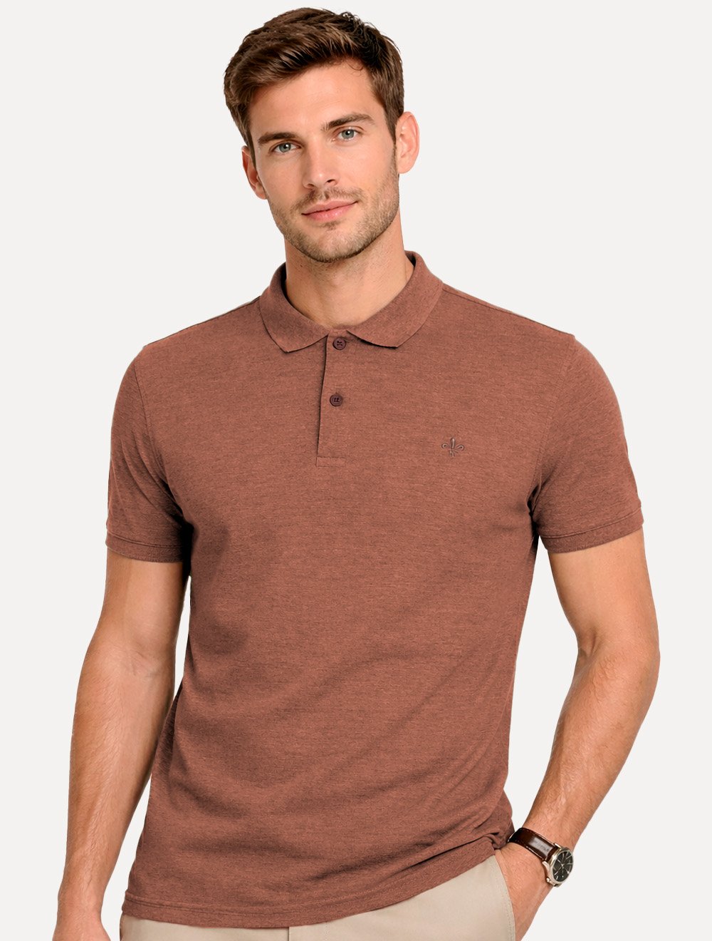 Polo Dudalina Masculina Piquet Basica Logo Bordado Marrom Médio