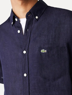 Camisa Lacoste Masculina Manga Curta Regular Linho Azul Marinho