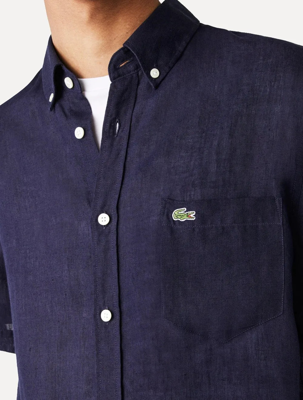 Camisa Lacoste Masculina Manga Curta Regular Linho Azul Marinho