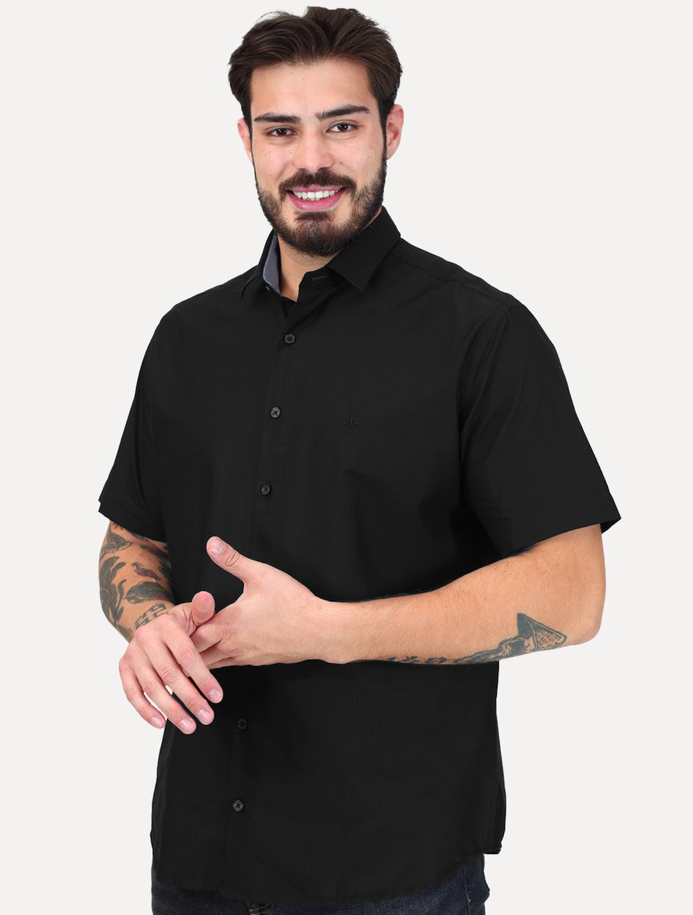 Camisa Dudalina Masculina Manga Curta Comfort Superfine Cotton Mono Logo Lisa Preta
