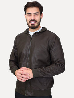 Jaqueta Dixen PU Bomber Capuz Zíper Frontal Marron