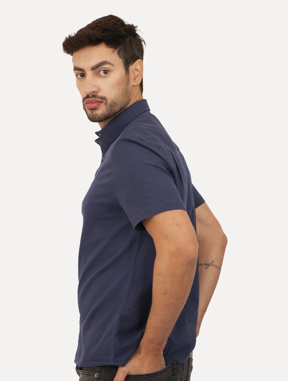 Camisa Ellus Masculina Regular Manga Curta Linen Like Surf New Italian Marinho