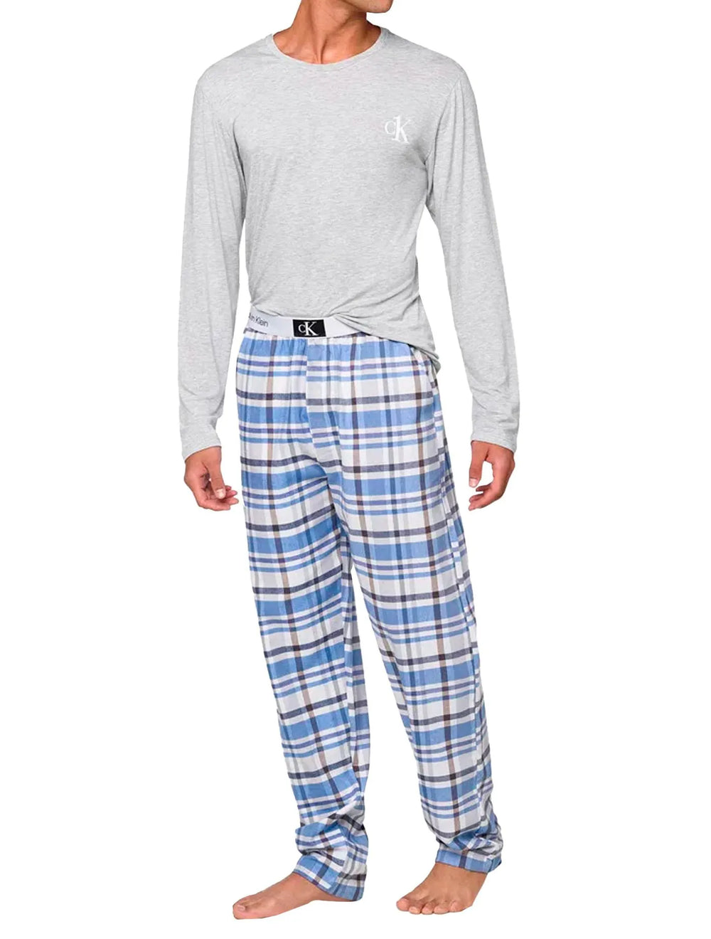 Pijama Calvin Klein Masculino Manga Longa Calça Flanelada 1996 Xadrez Azul Cinza Mescla