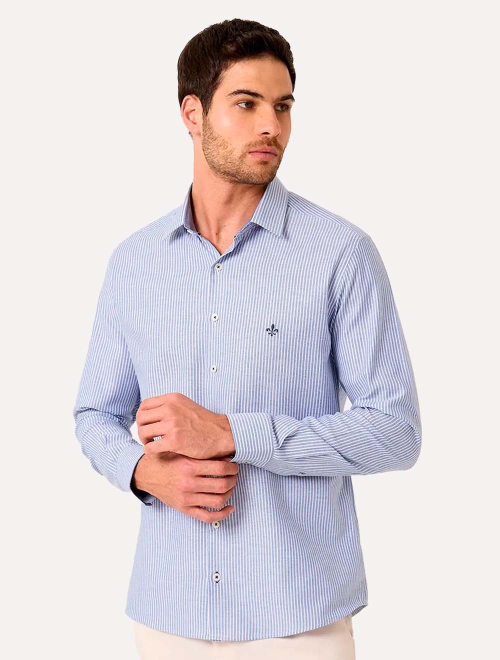 Camisa Dudalina Masculina Slim Superfine Cotton Listrada Azul Médio Mescla