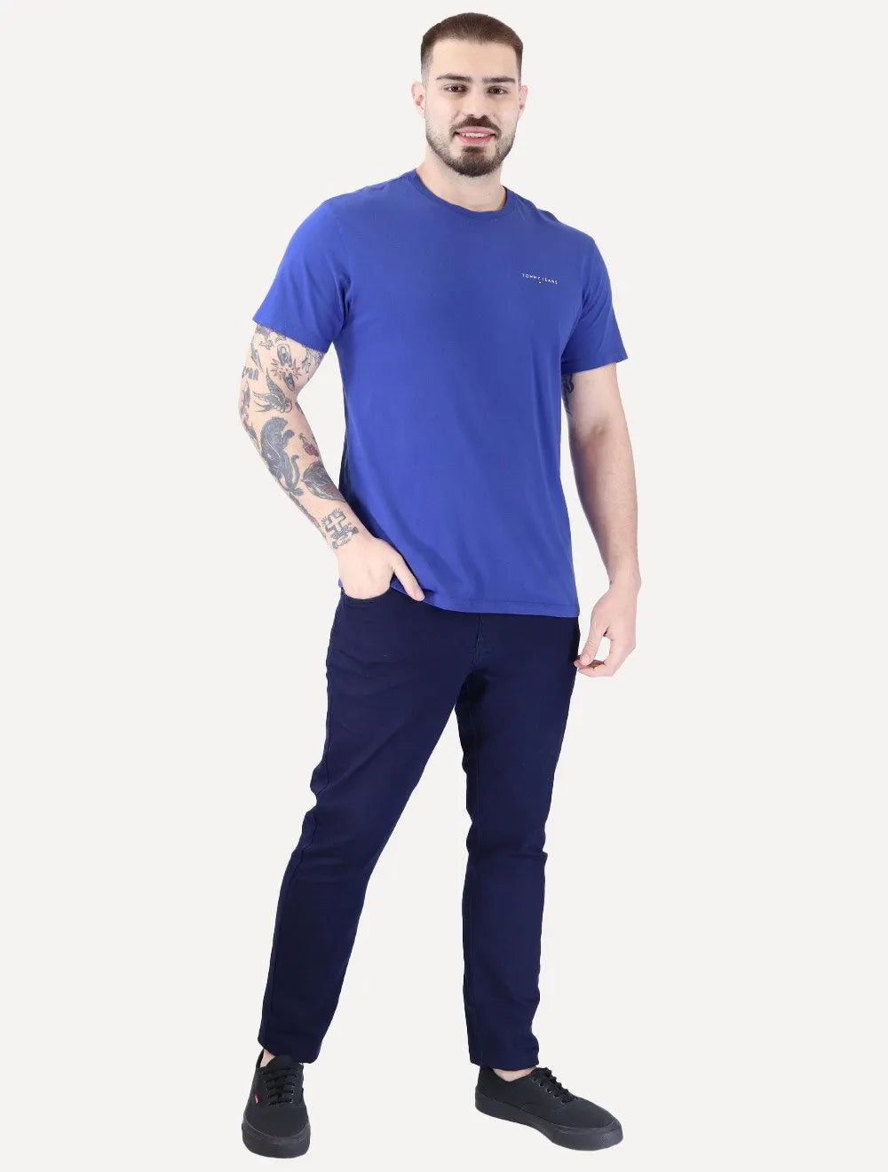 Camiseta Tommy Jeans Masculina Slim Linear Chest Azul Royal