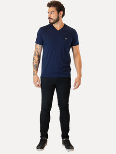 Camiseta Lacoste Masculina Jersey Pima Cotton Gola V Azul Marinho