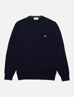 Suéter Lacoste Masculino Regular Fit Gola V Logo Azul Marinho