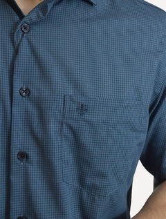 Camisa Dudalina Masculina Manga Curta Comfort Superfine Cotton Mini Xadrez Azul Petróleo