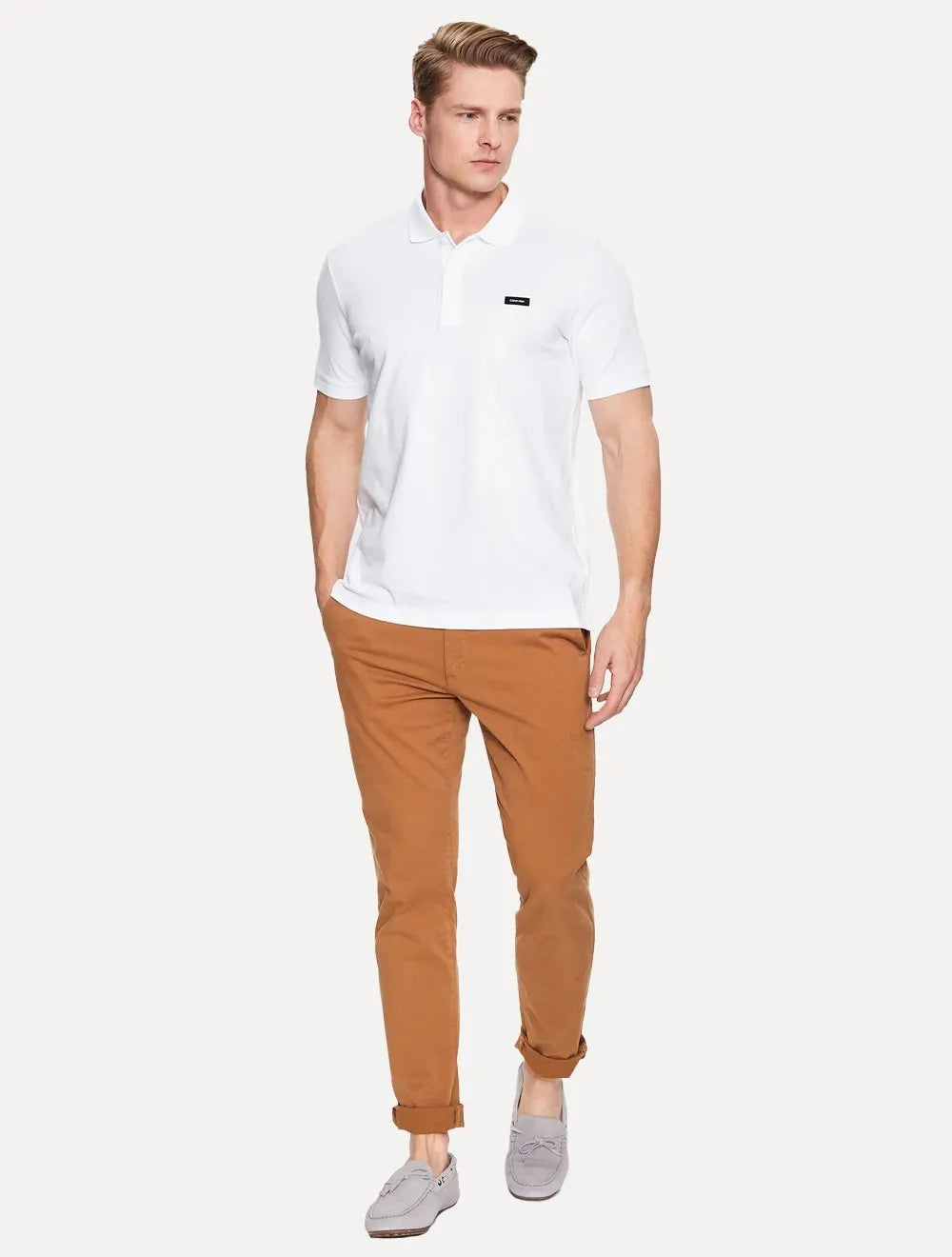 Polo Calvin Klein Masculina Piquet Slim Stretch Button Branca