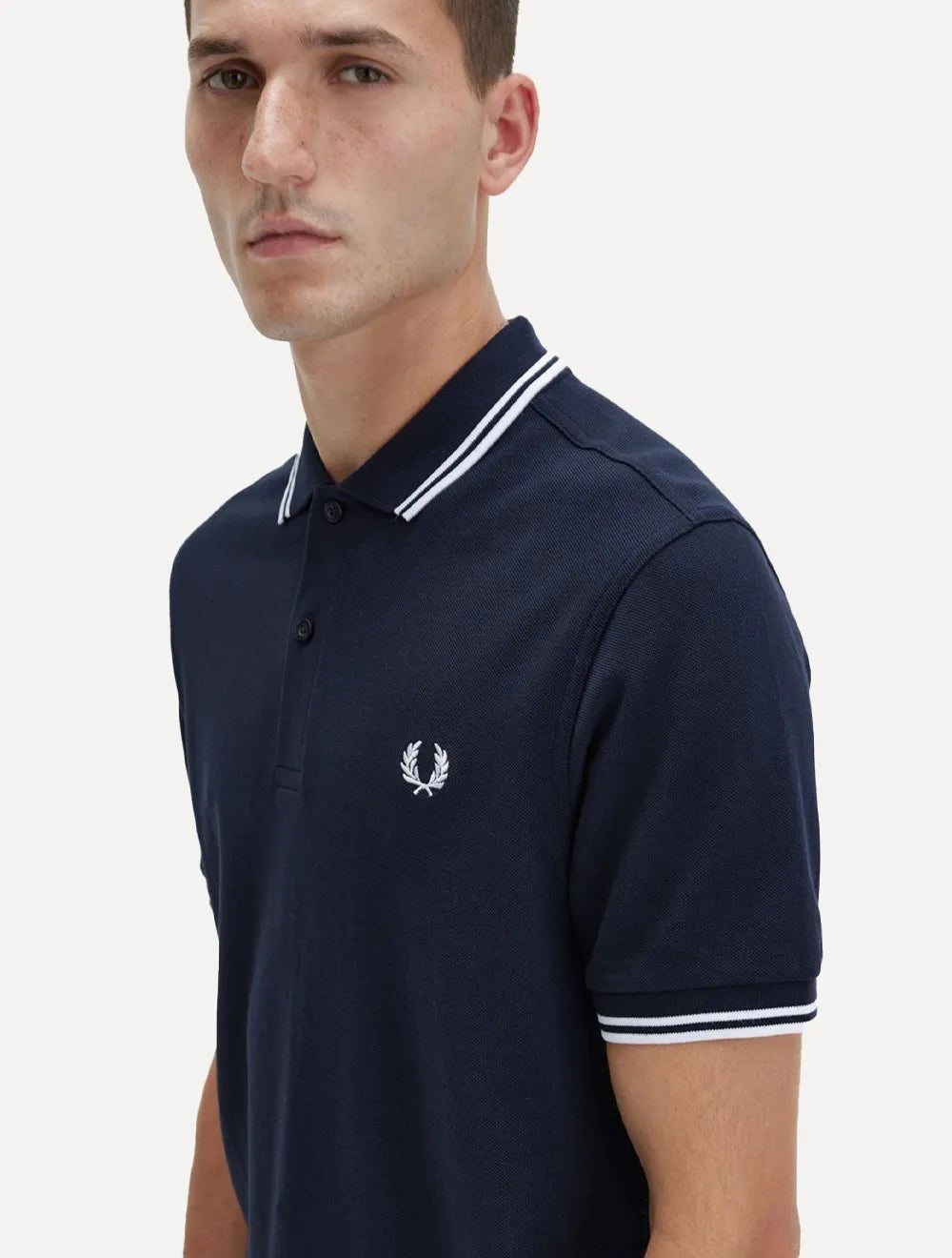 Polo Fred Perry Masculina Piquet Regular White Twin Tipped Azul Marinho