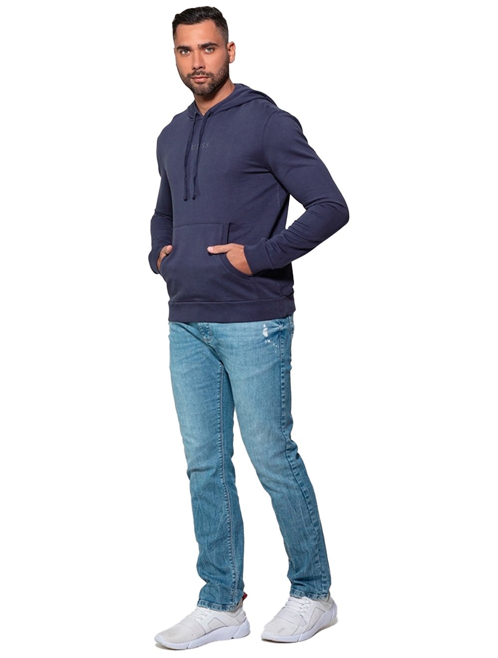 Moletom Guess Masculino Hoodie Small Logo Silk Azul Marinho