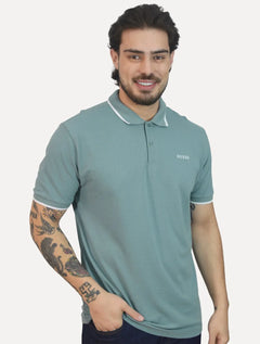 Polo Guess Masculina Piquet Silk Linear Light Friso Azul Petróleo