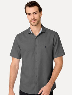 Camisa Dudalina Masculina Manga Curta Slim Superfine Cotton Tricoline Lisa Cinza Médio