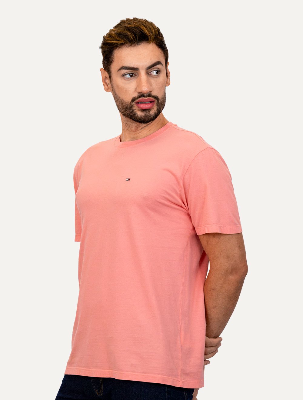 Camiseta Tommy Jeans Masculina Regular Jersey C-Neck Flag Rosa