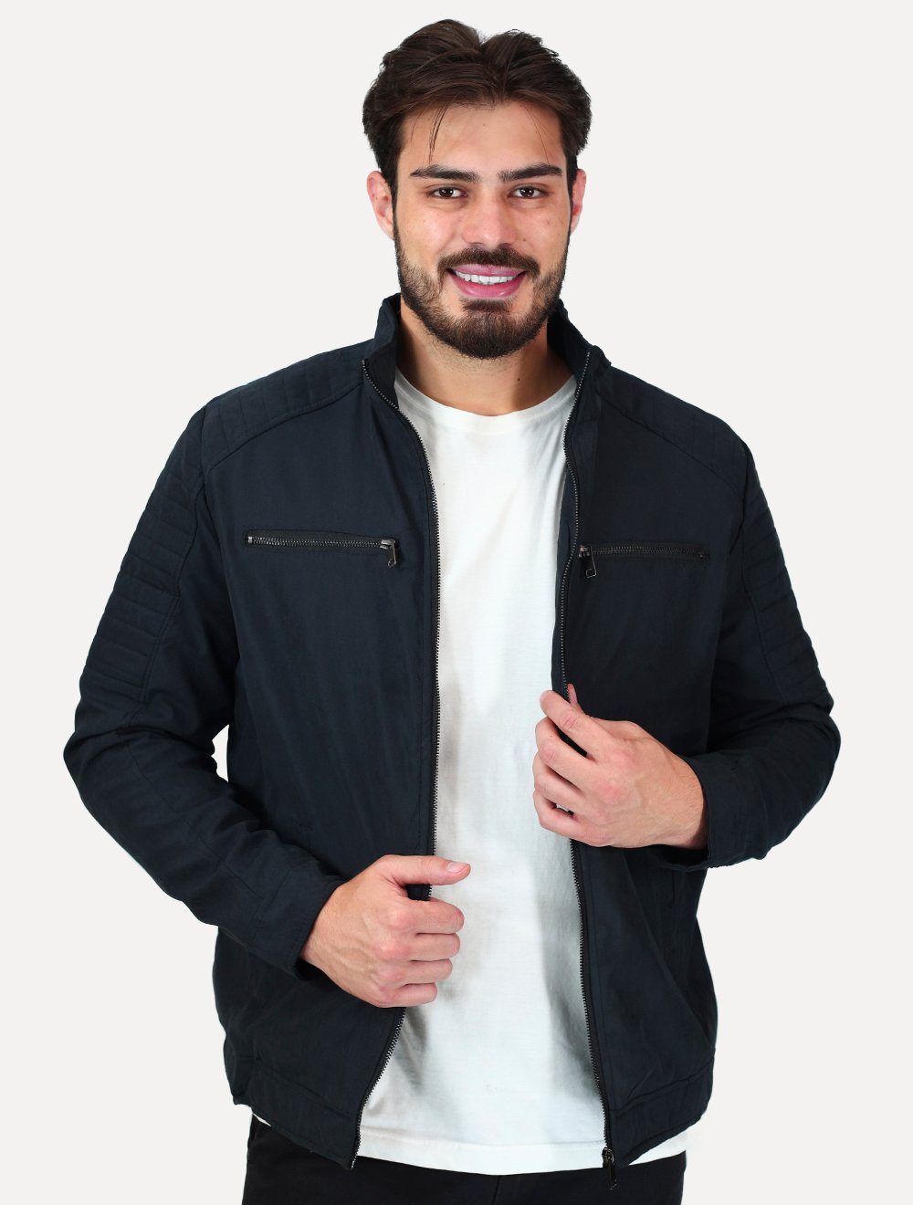Jaqueta Dixen Masculina Sarja Forrada Zíper Frontal Pesponto nas Mangas Preta